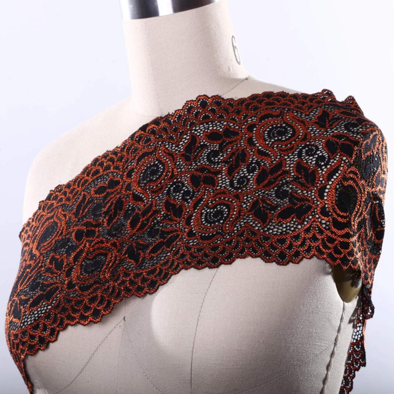 Orange and Black Rose Stretch Lace Trim 6" Wide Floral Elastic for Lingerie Costumes & Crafts